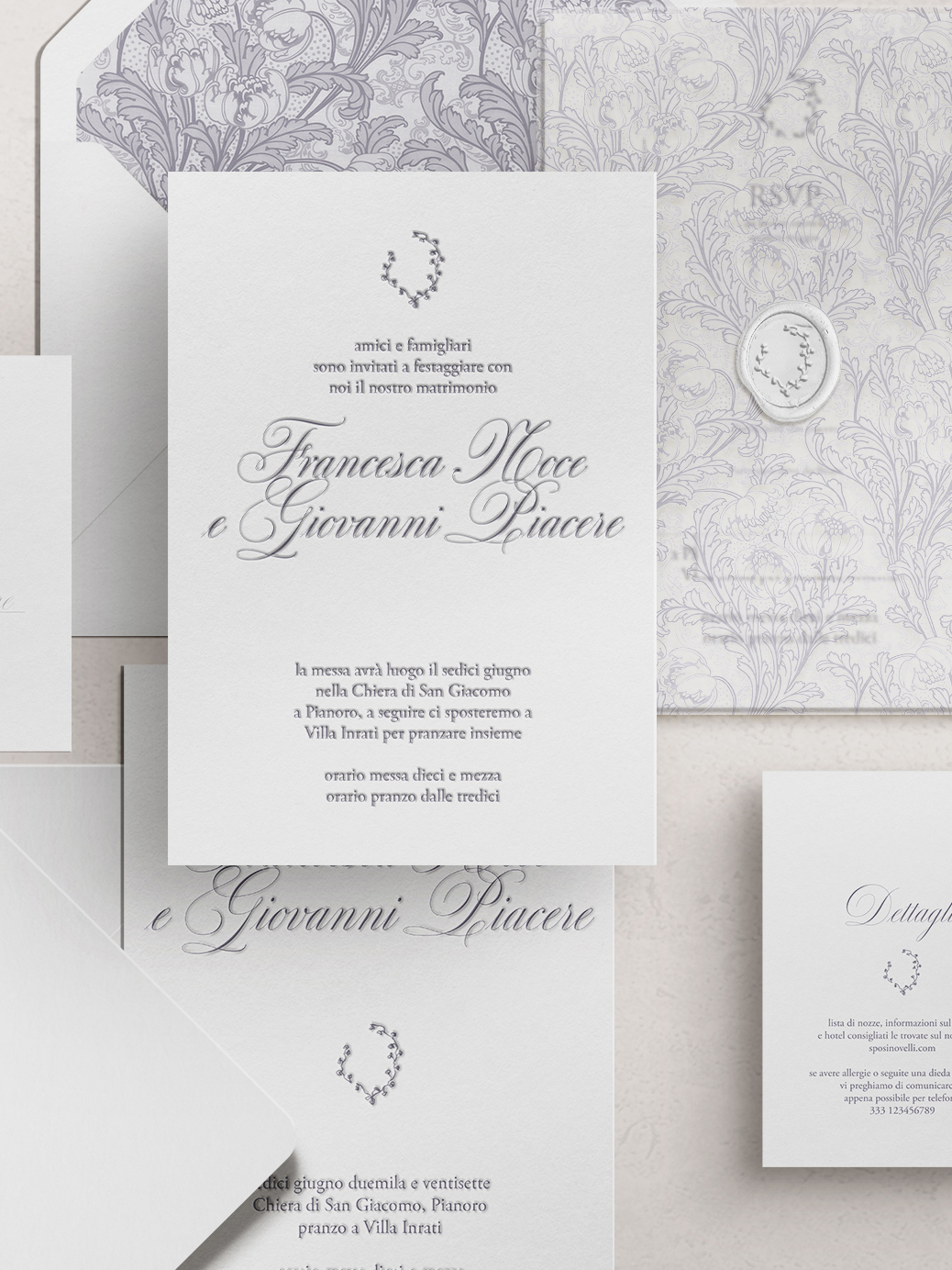 Suite Melograno dal catalogo delle partecipazioni, colore lilla, tema floreale e stile calligrafico